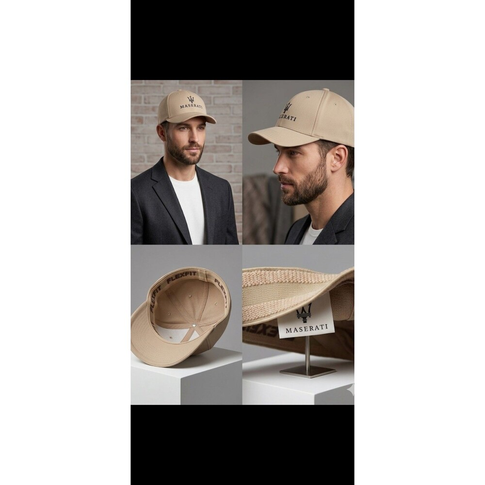 Maserati Logo Flexfit Baseball Hat Tan Beige Embroidered Trident CapFitted